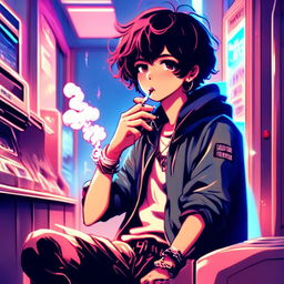 Anime art of an emo boy vaping at an old-fashioned laundromat under blue neon lights.