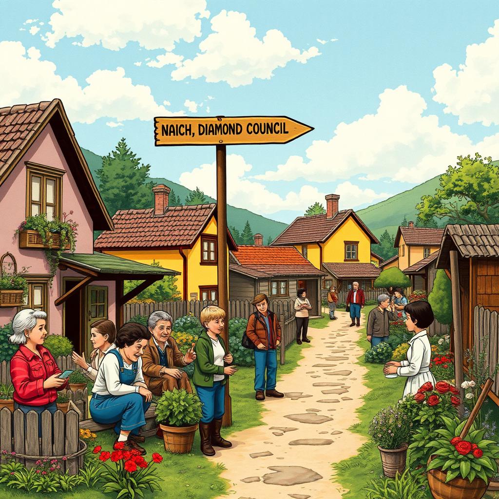 A picturesque village scene from March 10, 1982, depicting a vibrant community of 140 inhabitants