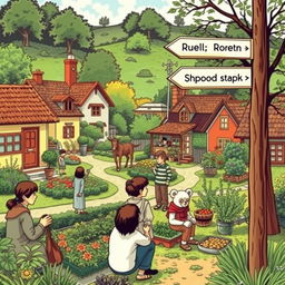 A picturesque village scene from March 10, 1982, depicting a vibrant community of 140 inhabitants