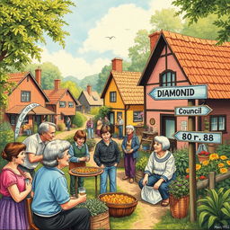 A picturesque village scene from March 10, 1982, depicting a vibrant community of 140 inhabitants