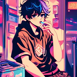 Anime art of an emo boy vaping at an old-fashioned laundromat under blue neon lights.