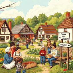 A picturesque village scene from March 10, 1982, depicting a vibrant community of 140 inhabitants