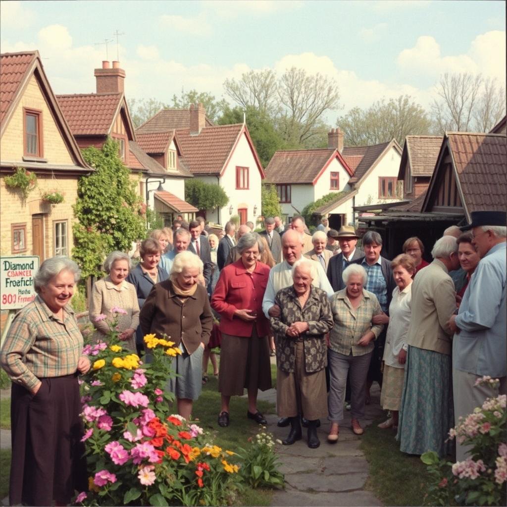 A nostalgic village scene from March 10, 1982, capturing a turning point with the arrival of new inhabitants, bringing the total population to 140