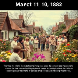 A nostalgic village scene from March 10, 1982, capturing a turning point with the arrival of new inhabitants, bringing the total population to 140