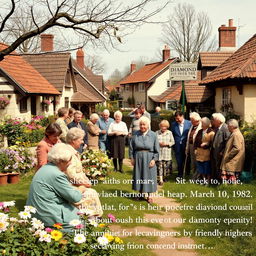 A nostalgic village scene from March 10, 1982, capturing a turning point with the arrival of new inhabitants, bringing the total population to 140