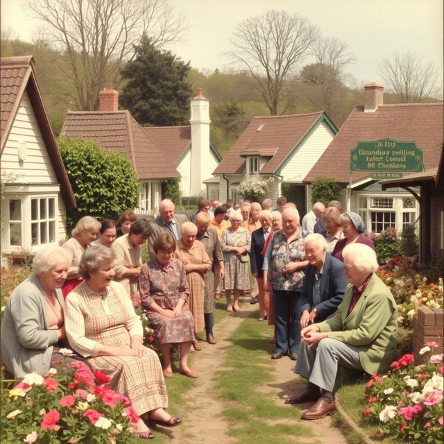 A nostalgic village scene from March 10, 1982, capturing a turning point with the arrival of new inhabitants, bringing the total population to 140