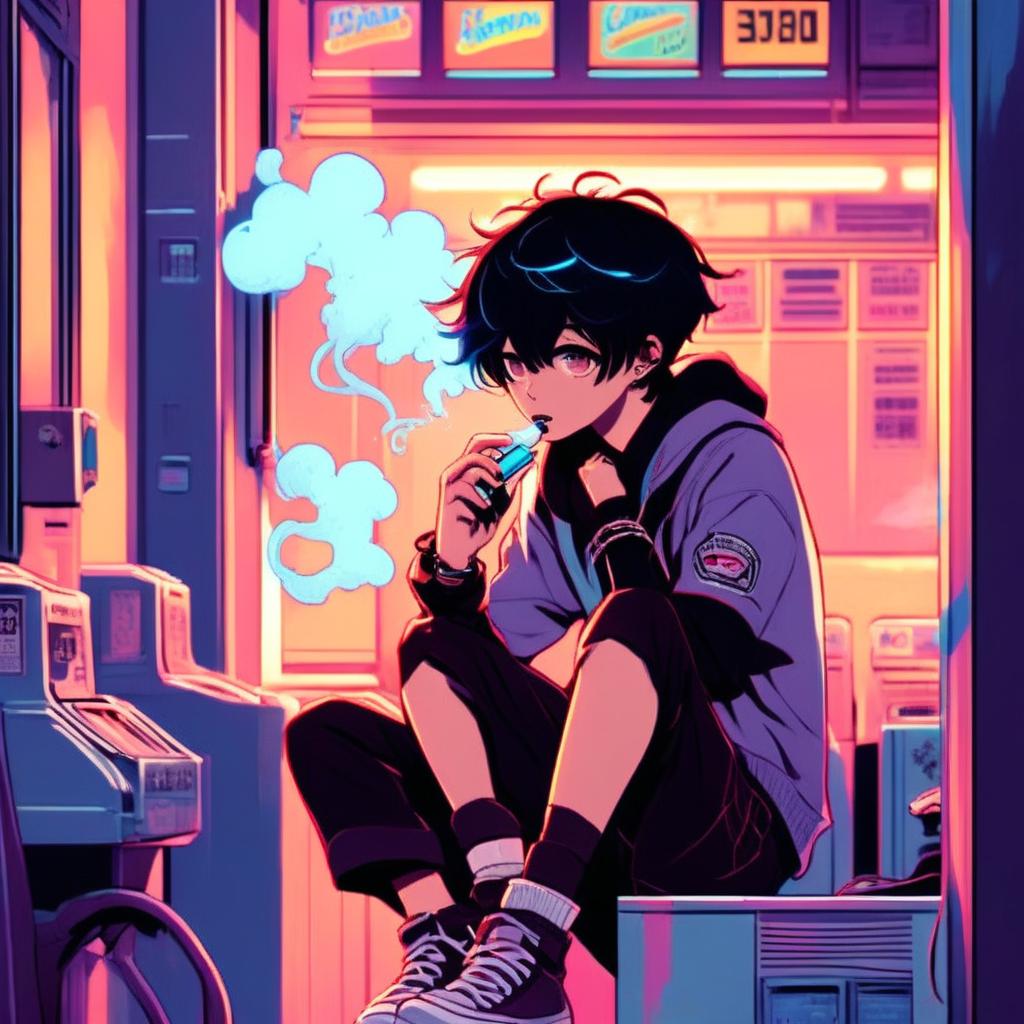 Anime art of an emo boy vaping at an old-fashioned laundromat under blue neon lights.