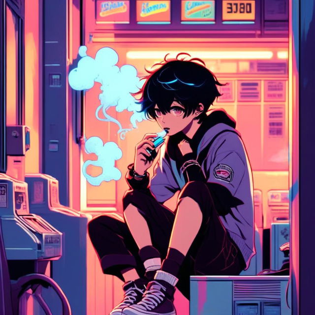 Anime art of an emo boy vaping at an old-fashioned laundromat under blue neon lights.