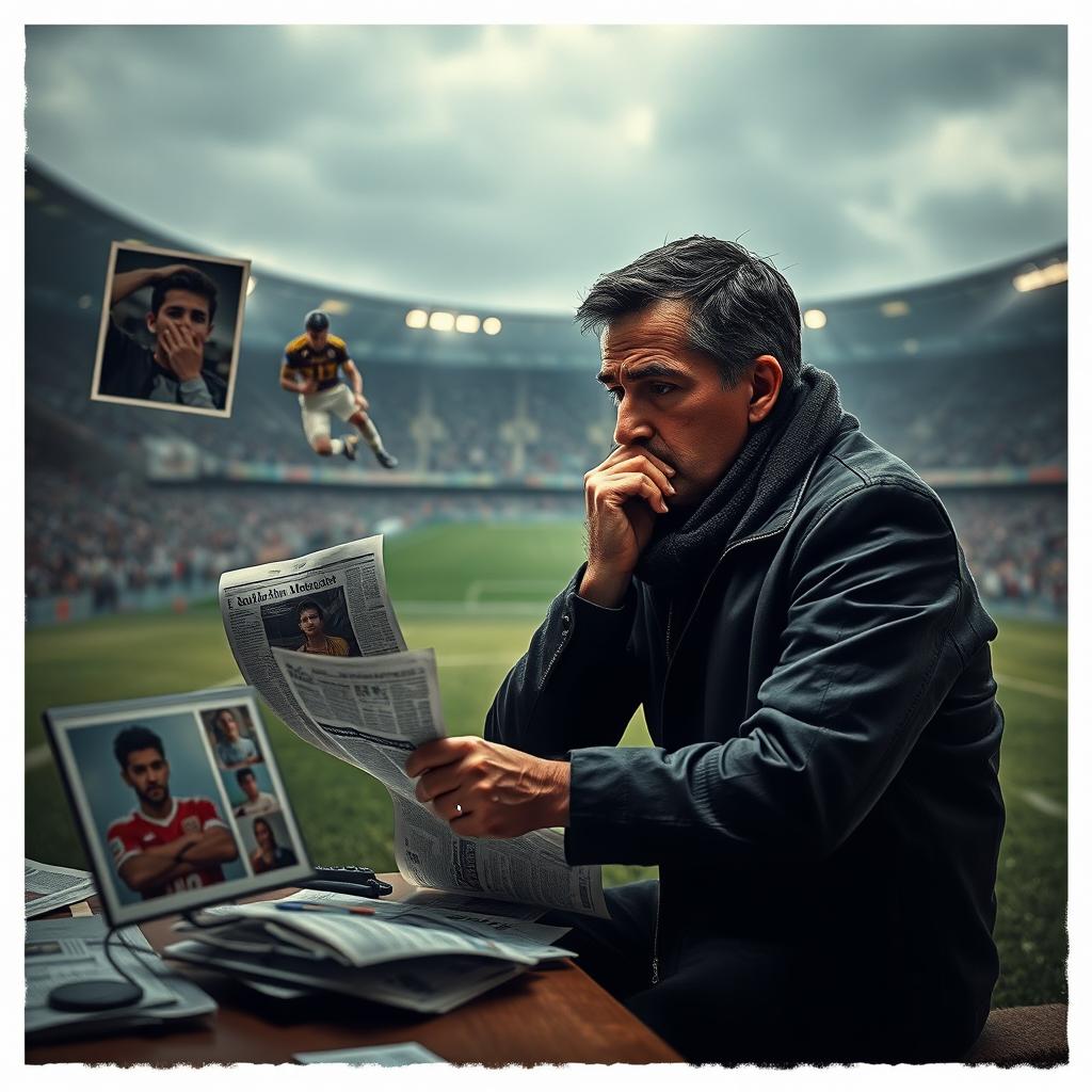 A poignant scene depicting a sports journalist investigating the impact of the tragic death of football player Juan Izquierdo