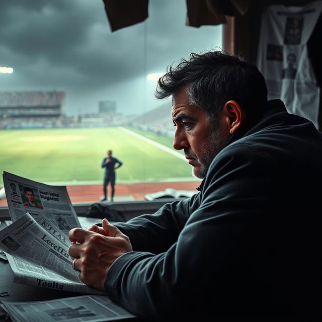 A poignant scene depicting a sports journalist investigating the impact of the tragic death of football player Juan Izquierdo