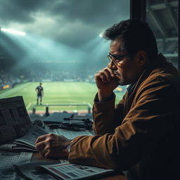 A poignant scene depicting a sports journalist investigating the impact of the tragic death of football player Juan Izquierdo