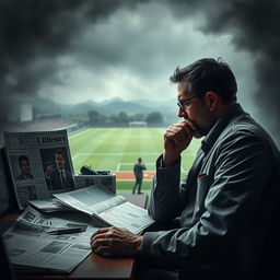 A poignant scene depicting a sports journalist investigating the impact of the tragic death of football player Juan Izquierdo