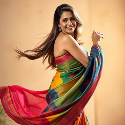 A stunning hot woman in her late 40s gracefully wearing a colorful saree that flows elegantly around her