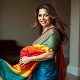 A stunning hot woman in her late 40s gracefully wearing a colorful saree that flows elegantly around her