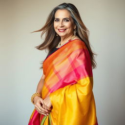 A stunning hot woman in her late 40s gracefully wearing a colorful saree that flows elegantly around her