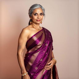 A hot and confident woman in her late 40s, wearing a beautifully draped saree that highlights her curves