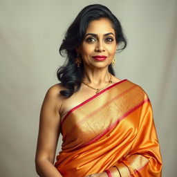 A hot and confident woman in her late 40s, wearing a beautifully draped saree that highlights her curves