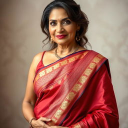 A hot and confident woman in her late 40s, wearing a beautifully draped saree that highlights her curves