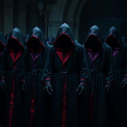 A group of mysterious figures clad in long robes of dark fabric, predominantly deep black and dark grey, with striking red and purple trim symbolizing their connection to control and domination