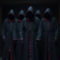 A group of mysterious figures clad in long robes of dark fabric, predominantly deep black and dark grey, with striking red and purple trim symbolizing their connection to control and domination