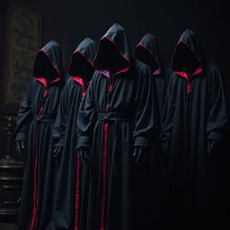 A group of mysterious figures clad in long robes of dark fabric, predominantly deep black and dark grey, with striking red and purple trim symbolizing their connection to control and domination