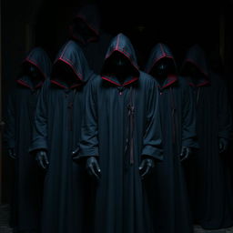 A group of mysterious figures clad in long robes of dark fabric, predominantly deep black and dark grey, with striking red and purple trim symbolizing their connection to control and domination