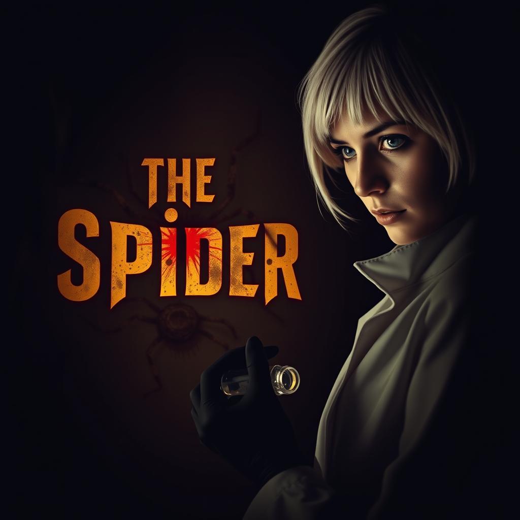 A dark and dim movie poster titled 'The Spider', featuring a beautiful young woman doctor with short white hair and striking blue eyes, more prominently on the right side of the poster