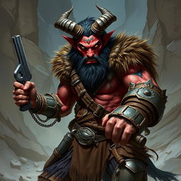 A fierce tiefling barbarian, showcasing his unique demonic features such as curved horns, vibrant skin, and glowing eyes