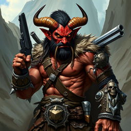 A fierce tiefling barbarian, showcasing his unique demonic features such as curved horns, vibrant skin, and glowing eyes