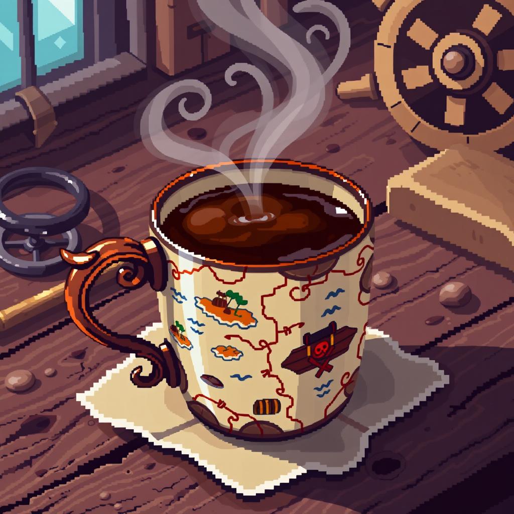 A vibrant pixel art depiction of a steaming cup of coffee designed with a pirate theme