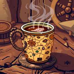 A vibrant pixel art depiction of a steaming cup of coffee designed with a pirate theme