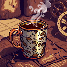 A vibrant pixel art depiction of a steaming cup of coffee designed with a pirate theme