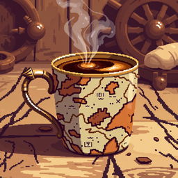 A vibrant pixel art depiction of a steaming cup of coffee designed with a pirate theme