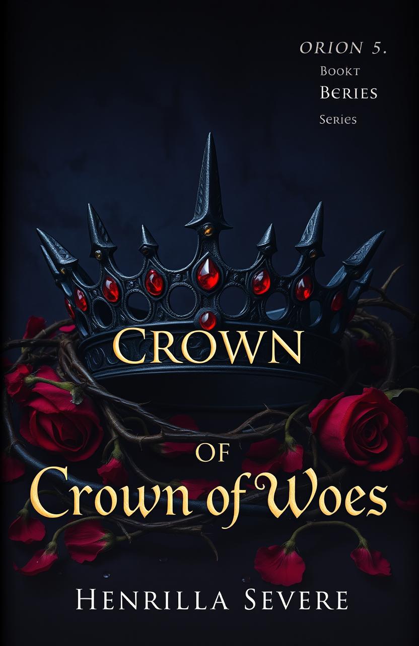 A dark, ornate crown centered on the cover, featuring sharp, thorn-like protrusions and blood-red gemstones, exuding a regal yet menacing aura