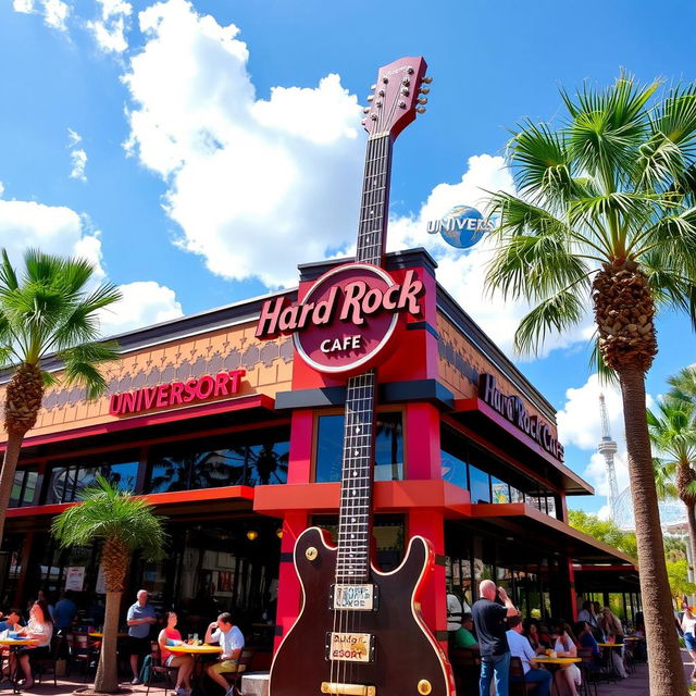 A vibrant and lively scene of the Hard Rock Cafe located at the Orlando Universal Resort, showcasing the iconic architecture with a large electric guitar as a centerpiece outside