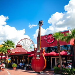 A vibrant and lively scene of the Hard Rock Cafe located at the Orlando Universal Resort, showcasing the iconic architecture with a large electric guitar as a centerpiece outside