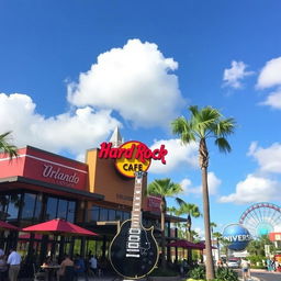 A vibrant and lively scene of the Hard Rock Cafe located at the Orlando Universal Resort, showcasing the iconic architecture with a large electric guitar as a centerpiece outside