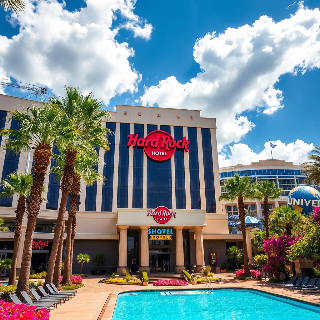 A stunning view of the Hard Rock Hotel at Orlando Universal Resort, showcasing its stylish and modern architecture with a distinctive rock and roll theme