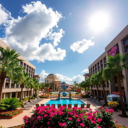 A stunning view of the Hard Rock Hotel at Orlando Universal Resort, showcasing its stylish and modern architecture with a distinctive rock and roll theme