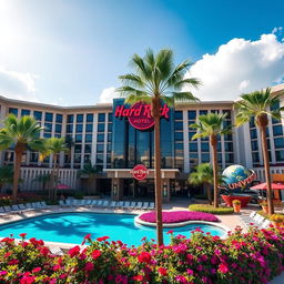 A stunning view of the Hard Rock Hotel at Orlando Universal Resort, showcasing its stylish and modern architecture with a distinctive rock and roll theme