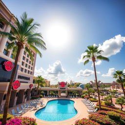 A stunning view of the Hard Rock Hotel at Orlando Universal Resort, showcasing its stylish and modern architecture with a distinctive rock and roll theme