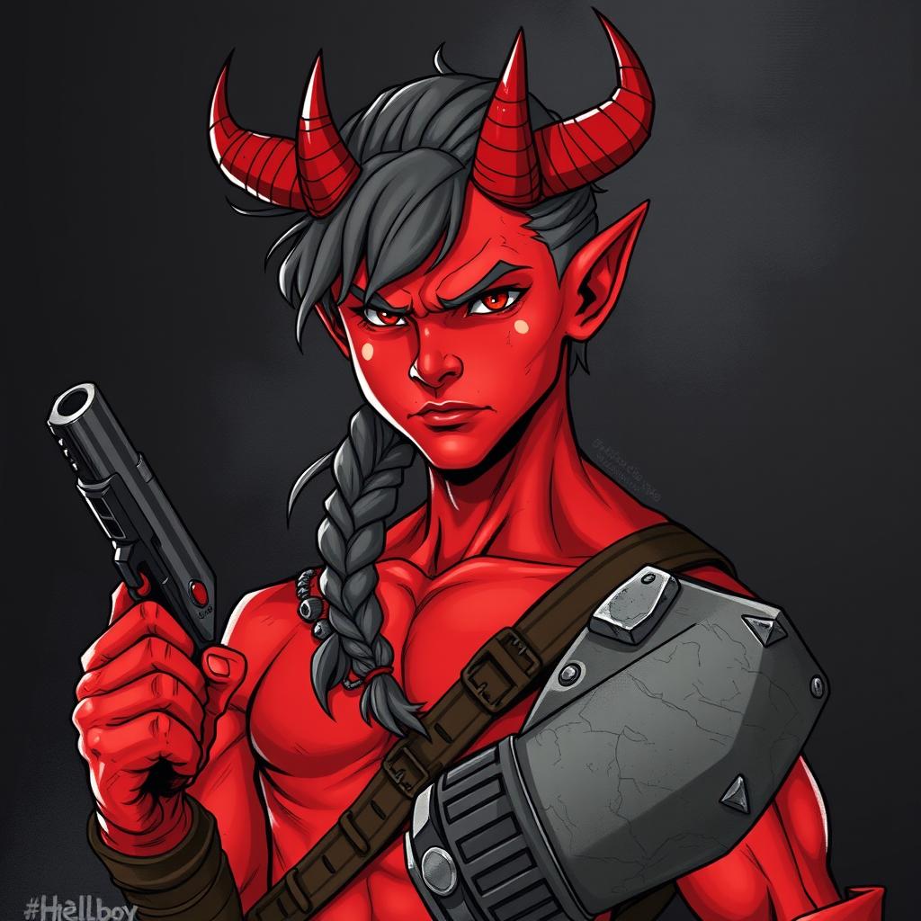 A young adult tiefling barbarian, standing at 175 cm tall, characterized by his striking red skin and formidable presence