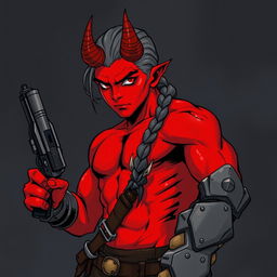 A young adult tiefling barbarian, standing at 175 cm tall, characterized by his striking red skin and formidable presence