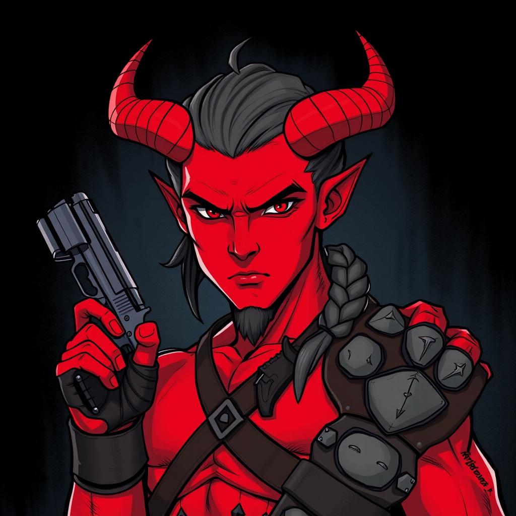 A young adult tiefling barbarian, standing at 175 cm tall, characterized by his striking red skin and formidable presence