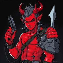 A young adult tiefling barbarian, standing at 175 cm tall, characterized by his striking red skin and formidable presence