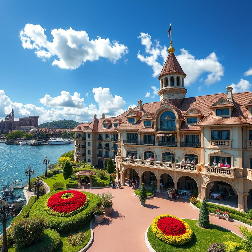 A breathtaking view of the Miracosta Hotel at Tokyo Disney Resort, showcasing its elegant Italian Renaissance architecture with ornate details and beautiful gondola-inspired motifs