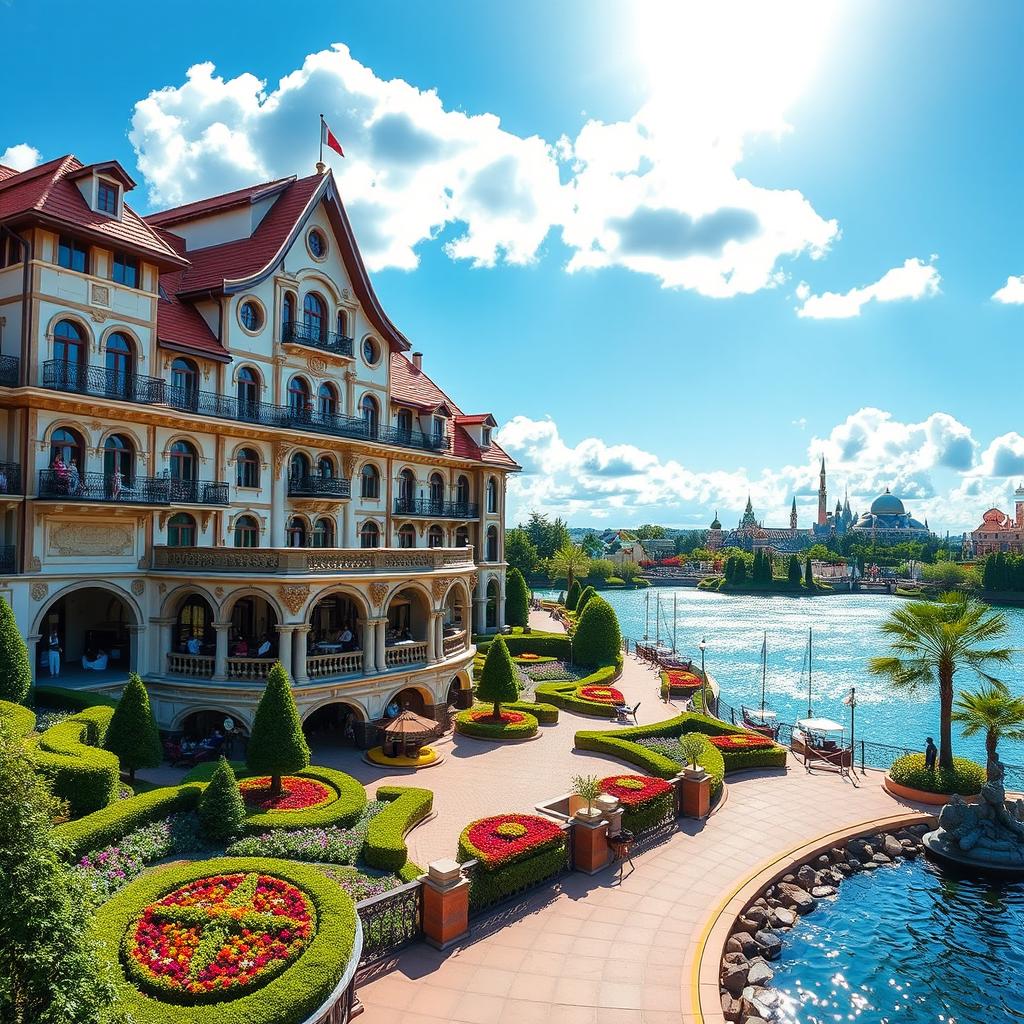 A breathtaking view of the Miracosta Hotel at Tokyo Disney Resort, showcasing its elegant Italian Renaissance architecture with ornate details and beautiful gondola-inspired motifs