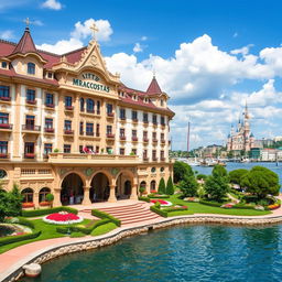 A breathtaking view of the Miracosta Hotel at Tokyo Disney Resort, showcasing its elegant Italian Renaissance architecture with ornate details and beautiful gondola-inspired motifs