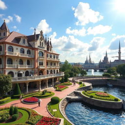 A breathtaking view of the Miracosta Hotel at Tokyo Disney Resort, showcasing its elegant Italian Renaissance architecture with ornate details and beautiful gondola-inspired motifs