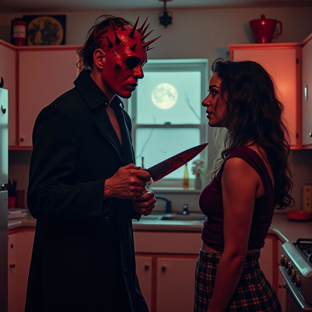 An 80's style horror movie scene set in a dimly lit kitchen, featuring a man in a dark trench coat with a striking red mask adorned with spikes and smeared lipstick